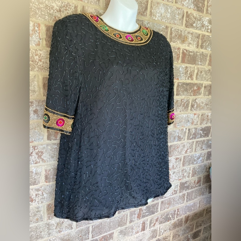 Vintage 80s beaded blouse Lawrence Kazar black Size Large - Picture 2 of 8